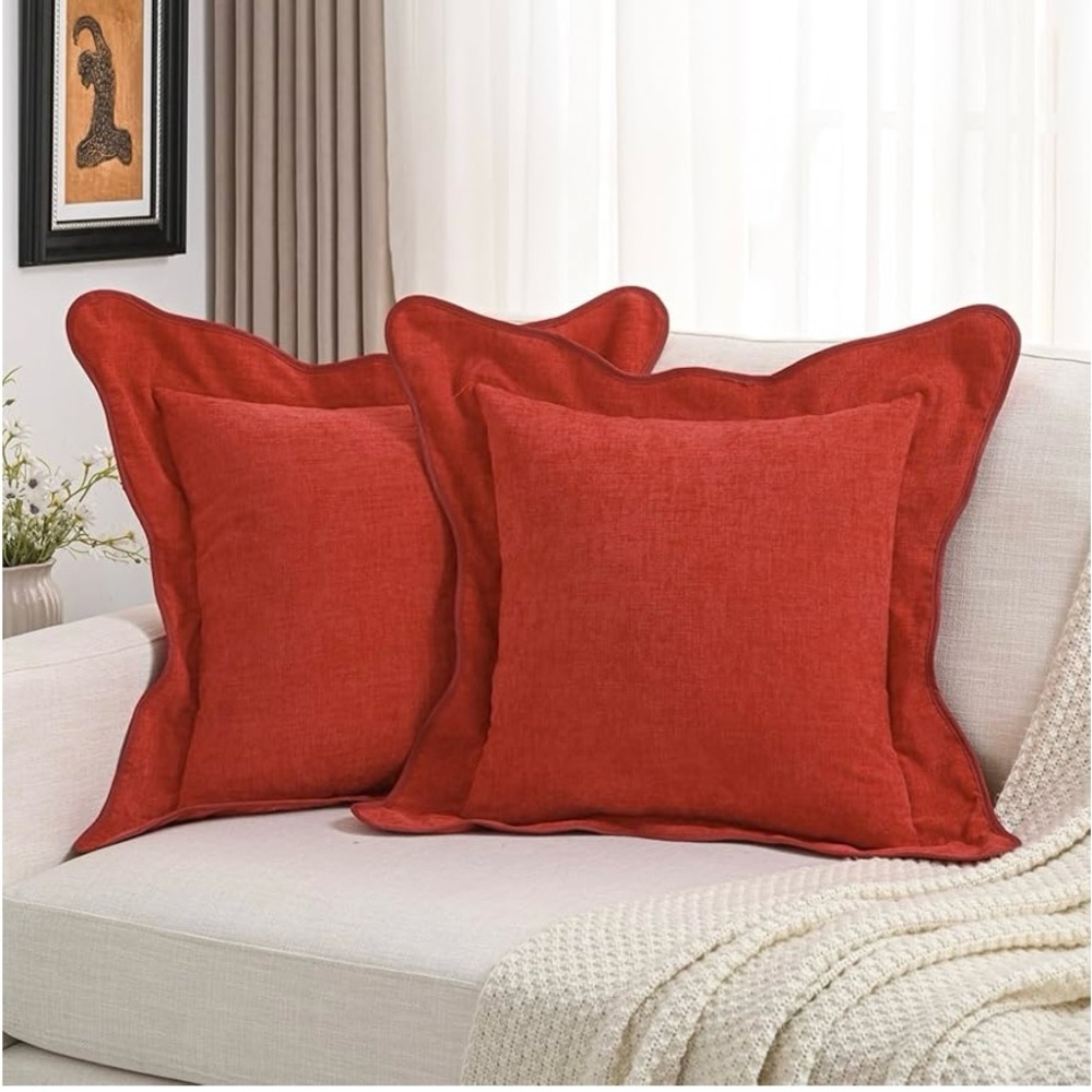 Sophisticated Red Accent Pillow covers Flange Edges scalloped chenille 18”x18”-2